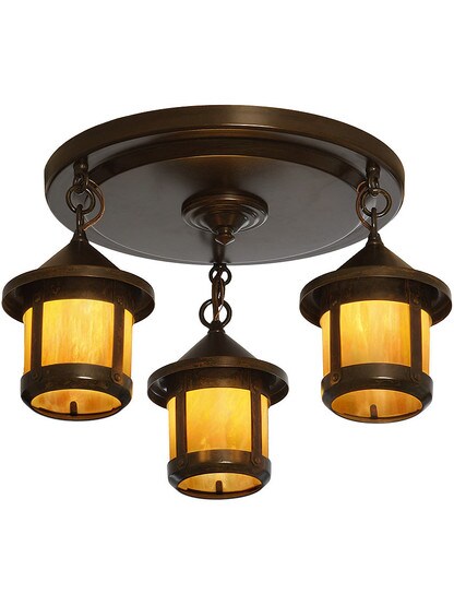 Berkeley Flush Mount 3 Light Fixture in Bronze Finish with Gold White Iridescent Glass.